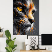 スプラッターアートの猫の肖像画 オレンジとグレー ポスター (ホームオフィス)