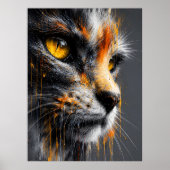 スプラッターアートの猫の肖像画 オレンジとグレー ポスター (正面)