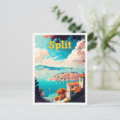 スプリットクロアチアトラベルヴィンテージイラストレーション ポストカード (スタンド正面)