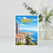 スプリットクロアチアヴィンテージ旅行イラストレーション ポストカード (スタンド正面)