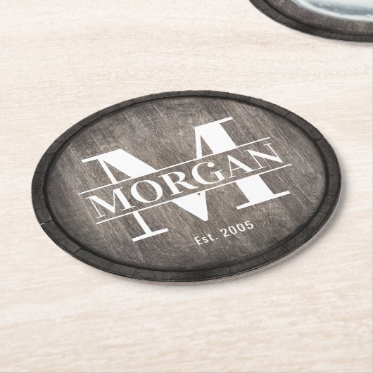 スプリットモノグラムファミリー名素朴ダークウッド ラウンドペーパーコースター (アングル)
