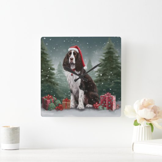 スプリンガースパニエル犬ドッグインスノークリスマス スクエア壁時計 (ホーム)