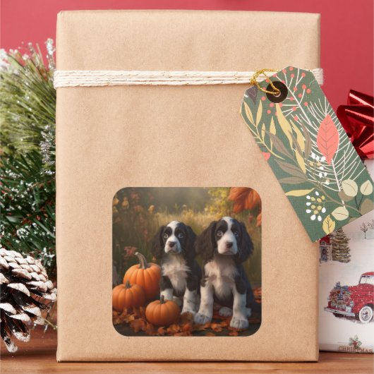 スプリンガースパニエル犬パピーオータムデライトカボチャ スクエアシール (クリスマス)