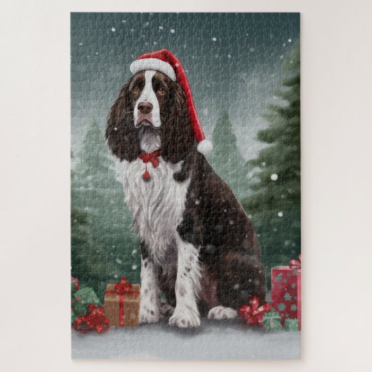 スプリンガー・スパニエル犬と雪のクリスマス ジグソーパズル (縦)