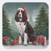スプリンガー・スパニエル犬と雪のクリスマス スクエアシール (正面)