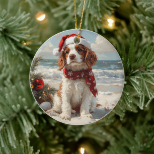 スプリンガー・スパニエル 犬 クリスマス ヴィンテージ ビーチ セラミックオーナメント
