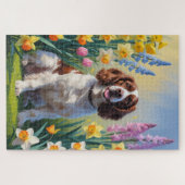 スプリンガー・スパニエル 犬 春の花 絵画  ジグソーパズル (横)
