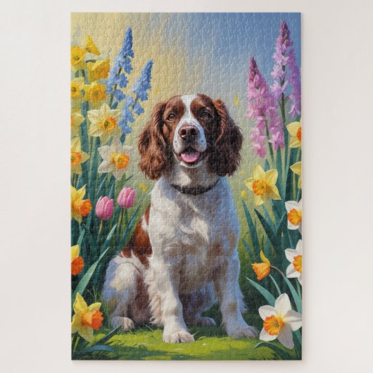 スプリンガー・スパニエル 犬 春の花 絵画  ジグソーパズル (縦)
