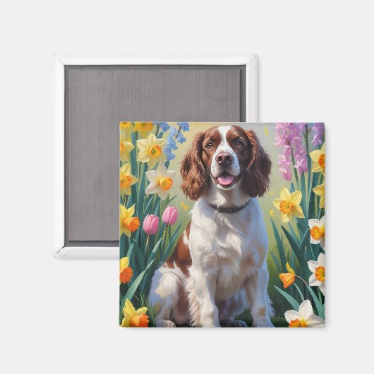 スプリンガー・スパニエル 犬 春の花 絵画  マグネット (正面/裏面)