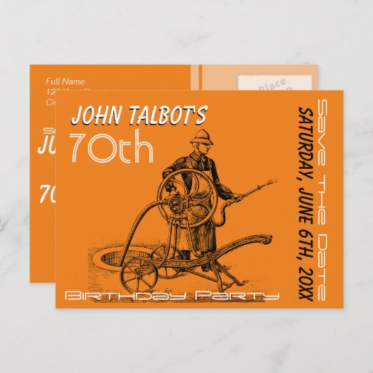 スプリンクラーまたは消防士70誕生日日付の保存 案内ポストカード (正面/裏面)