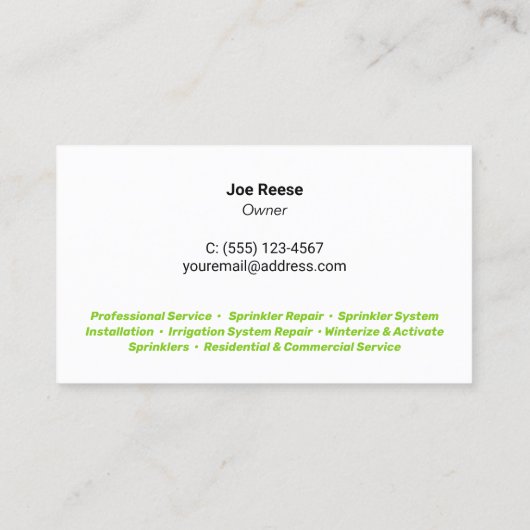 スプリンクラー灌漑設備と修理 名刺 (裏面)