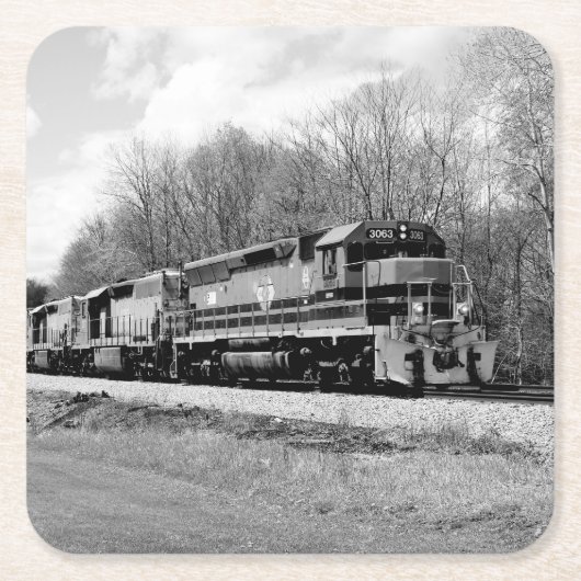 スプリングタイムトレインB&W スクエアペーパーコースター (正面)