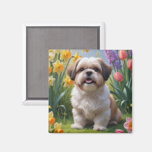 スプリングフラワーの絵画 シ Shih Tzu 犬 マグネット (正面/裏面)