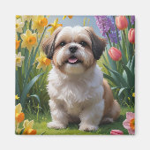 スプリングフラワーの絵画 シ Shih Tzu 犬 マグネット (正面)