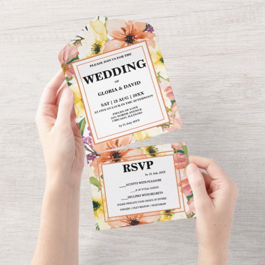 スプリング オレンジ フローラル ティアオフ オールインワン招待状 (貼ってはがせる)