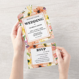 スプリング オレンジ フローラル ティアオフ オールインワン招待状