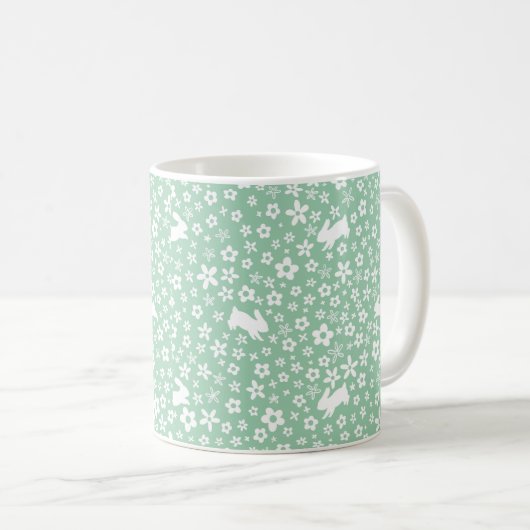 スプリング ミントグリーン フラワー ウサギ コーヒーマグカップ (正面右)
