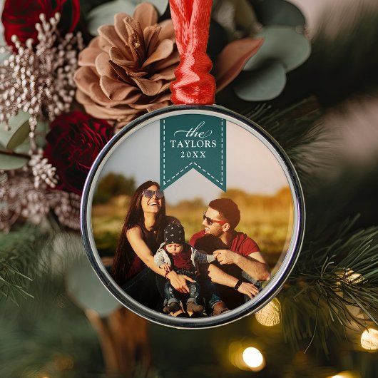 スプルスリボン |名パーソナライズされた前&年写真 メタルオーナメント