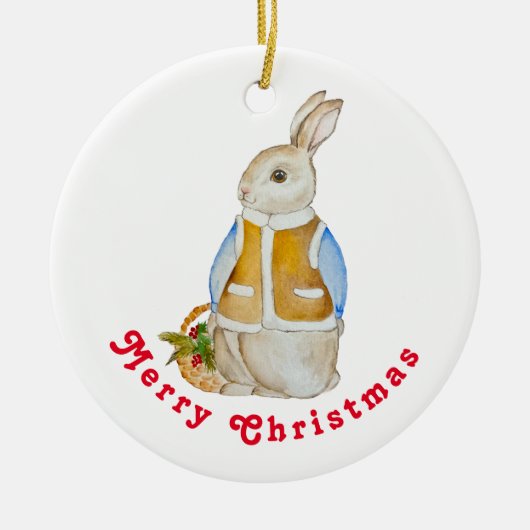 スプルースのぬか入りのバスケットを持つ可愛いクリスマスヘア セラミックオーナメント (正面)