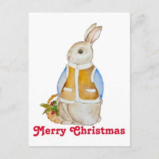 スプルースのぬか入りのバスケットを持つ可愛いクリスマスヘア ポストカード (正面)