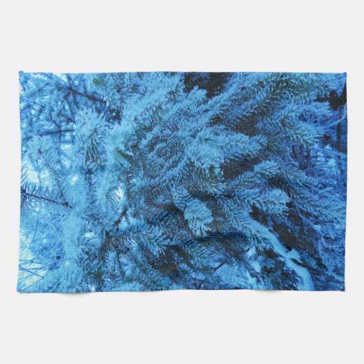 スプルースの枝は雪と霜の結晶で覆われている キッチンタオル (横)