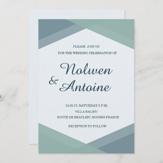 スプルースブルーミントジオメトエレガントリモダン結婚の値 招待状 (正面/裏面)