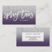 スプレーはタイポグラフィの銀のグリッターの紫色を日焼けさせます 名刺 (正面/裏面)