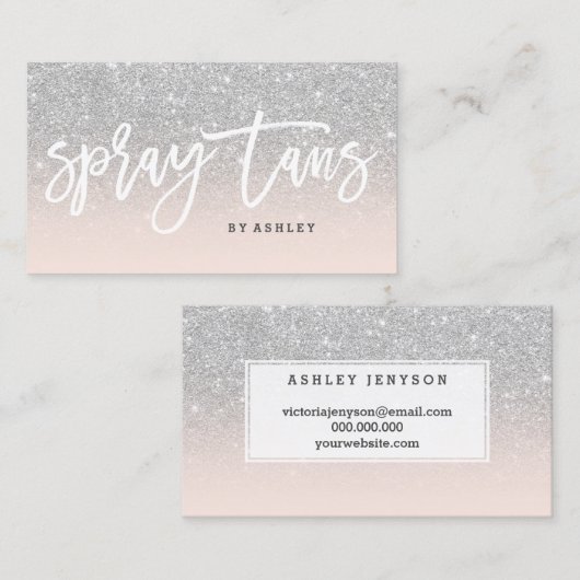 スプレーはタイポグラフィの銀のグリッターの赤面のピンクを日焼けさせます 名刺 (正面/裏面)