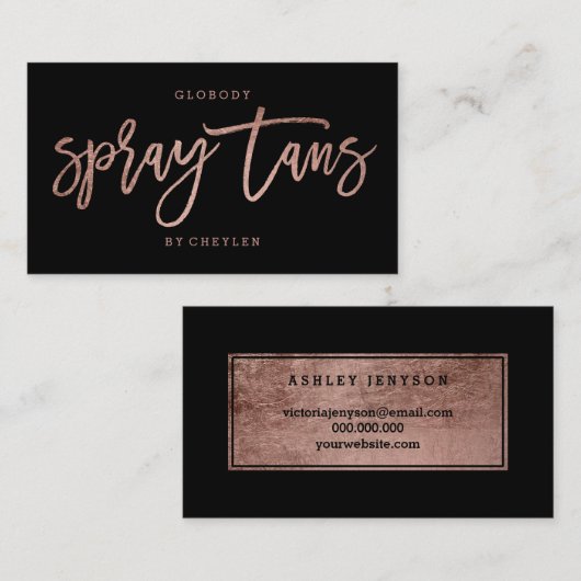 スプレーはロゴのエレガントなばら色の金ゴールドのタイポグラフィの黒を日焼けさせます 名刺 (正面/裏面)