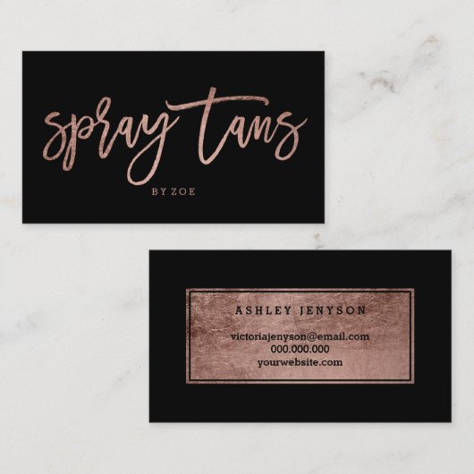 スプレーはロゴのエレガントなばら色の金ゴールドのタイポグラフィの黒を日焼けさせます 名刺 (正面/裏面)