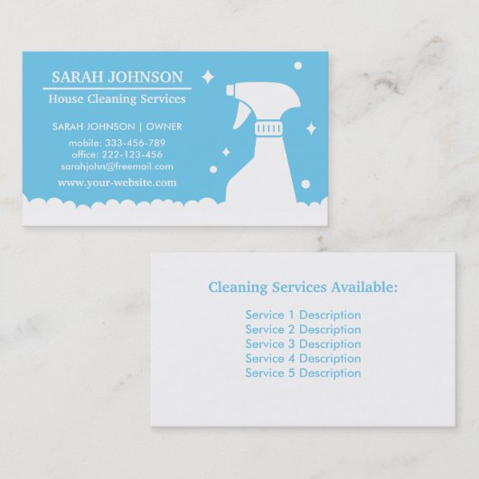  スプレーボトルハウスクリーニングサービスブルー 名刺 (正面/裏面)