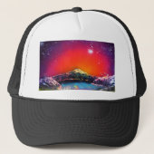 スプレー式塗料の芸術山の池の日没の絵画 キャップ (正面)