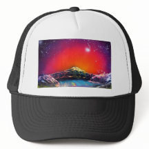 スプレー式塗料の芸術山の池の日没の絵画