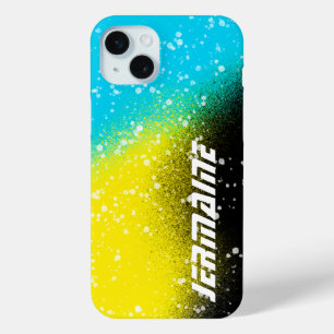 スプレー絵を描ブラックアクアとイエローの名前 iPhone 15 MINIケース