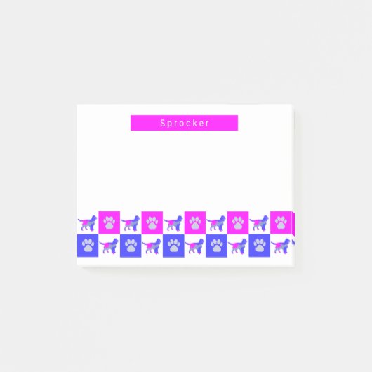 スプロッカースパニエル犬ドッグ&ポープリントホットピンク&ブルー ポストイット (正面)