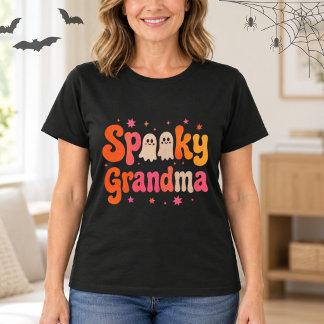 スプーキーおばあちゃんハロウィンかわいい幽霊レトロ文字 Tシャツ