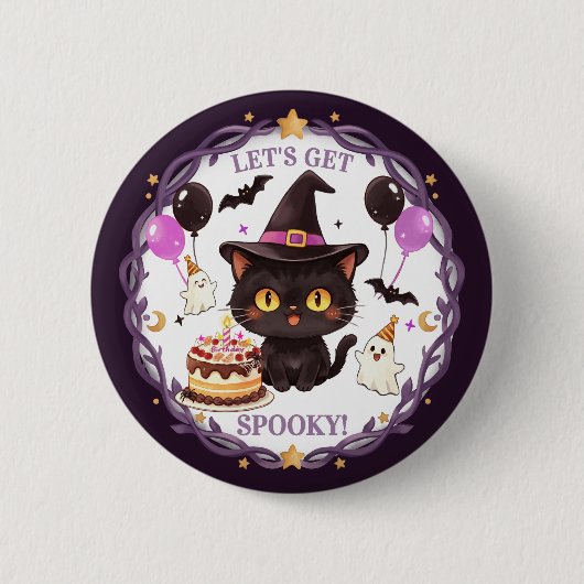 スプーキーかわいい魔女 黒猫 ウィザード ファンタジーパーティー 缶バッジ (正面)