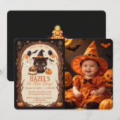 スプーキーかわいい黒猫ハロウィン魔女の1st Boo-Day 招待状 (正面/裏面)