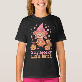 スプーキーでいてね 小さな魔女 ピンク帽子 カボチャ 秋 アート Tシャツ