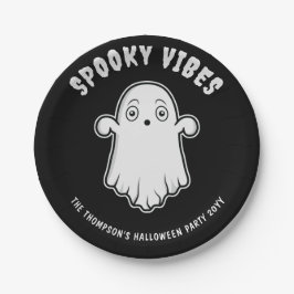 スプーキーな雰囲気のキュートな幽霊 ハロウィン モノクロ ペーパープレート