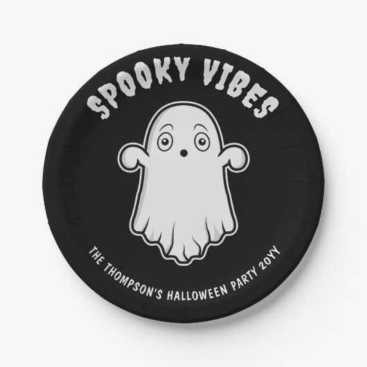 スプーキーな雰囲気のキュートな幽霊 ハロウィン モノクロ ペーパープレート (正面)