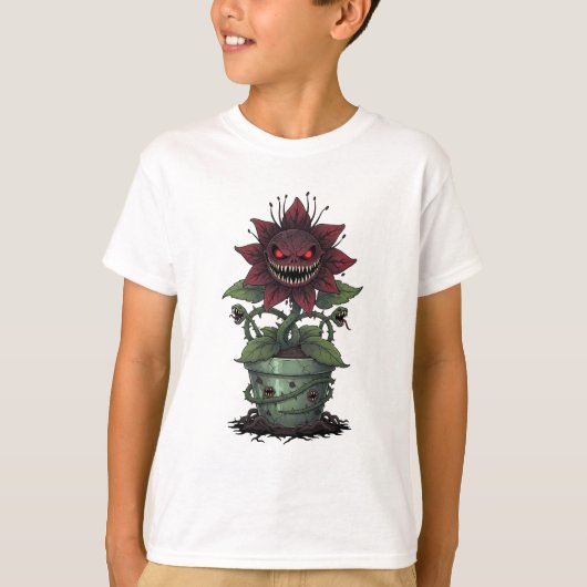 スプーキーな食虫植物モンスター キッズ Tシャツ (正面)