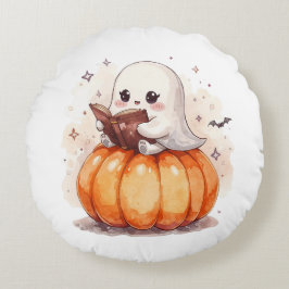 スプーキーキュートな幽霊の読書 – ハロウィンのパンプキンとコージーな夜 ラウンドクッション