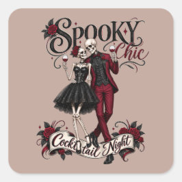 スプーキーシックなスケルトンのカップル ハロウィン カクテルTシャツ スクエアシール