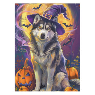 スプーキーシベリアンハスキー犬ハロウィン魔女パンプキン テーブルクロス