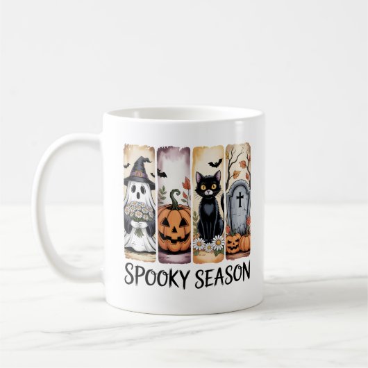 スプーキーシーズンのハロウィンアート コーヒーマグカップ (左)