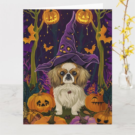スプーキー京犬ハロウィン魔女とパンプキン カード (黄色い花)