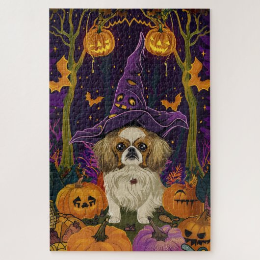 スプーキー京犬ハロウィン魔女とパンプキン ジグソーパズル (縦)