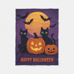 スプーキー キュート ハロウィン ブラックキャットとカボチャ フリースブランケット