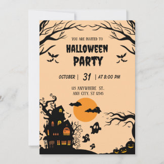 スプーキー ツリー & ハントゥ ハウス ハロウィン パーティー 招待状